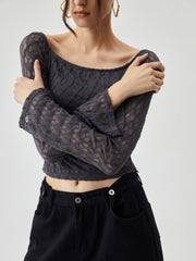 Semi sheer Boat Neck Trendy Mesh Crop Top T Shirts