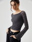 Semi sheer Boat Neck Trendy Mesh Crop Top Grey / S T Shirts