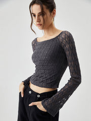 Semi sheer Boat Neck Trendy Mesh Crop Top Grey / S T Shirts