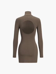 Turtleneck Open Back Trendy Long Sleeve Short Dress Brown / XS Dresses