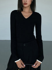 Slinky V neck Collar Trendy Ribbed Knit Top Sweaters L