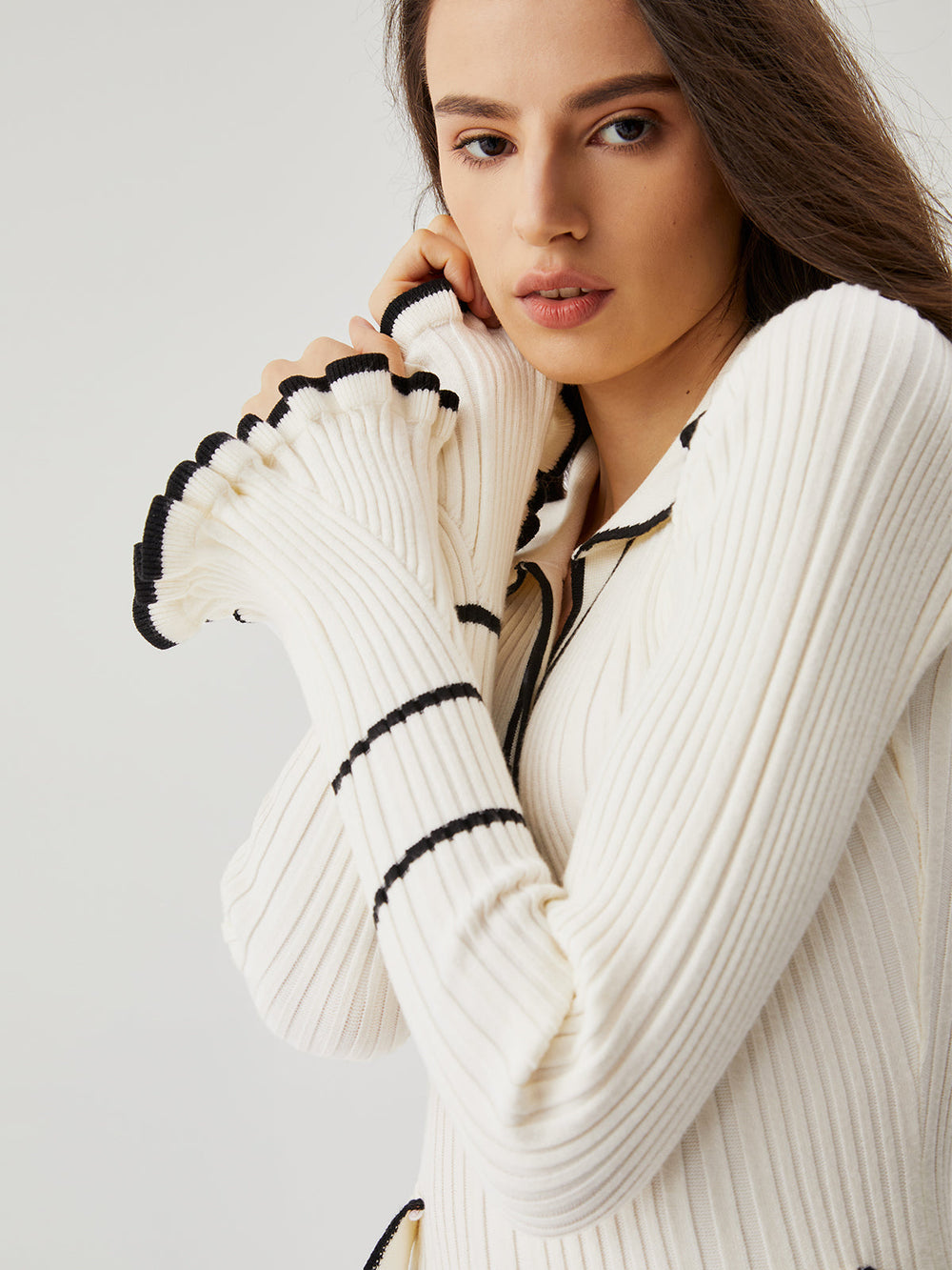 Ruffled Trim Contrast Binding Modern Button up Collar Midi Sweater Dress Sweaters L