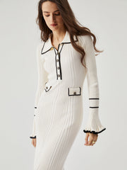 Ruffled Trim Contrast Binding Modern Button up Collar Midi Sweater Dress Sweaters L