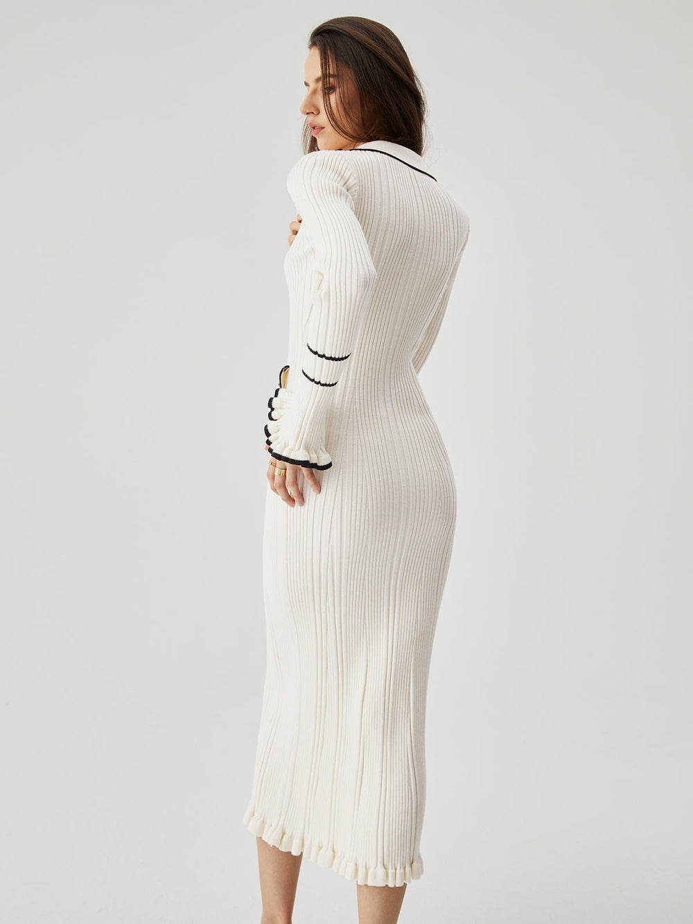 Ruffled Trim Contrast Binding Modern Button up Collar Midi Sweater Dress Sweaters L