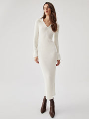 Ribbed Knit Long Sleeve Modern V neck Collar Long Dress Sweaters L