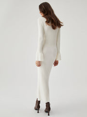 Ribbed Knit Long Sleeve Modern V neck Collar Long Dress Sweaters L