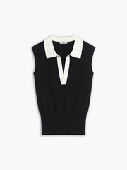 Contrast Trim Collar Trendy V neck Knit Sweater Vest Sweaters L