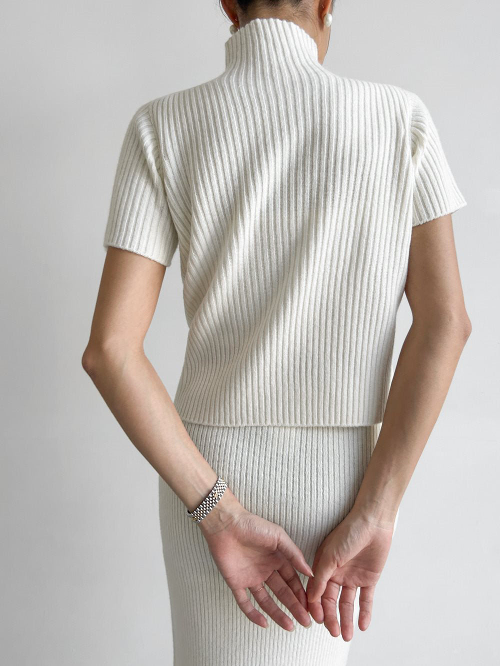 Solid High Neck Split Ribbed Classic Knit Two Pieces Skirt Set Sweaters L