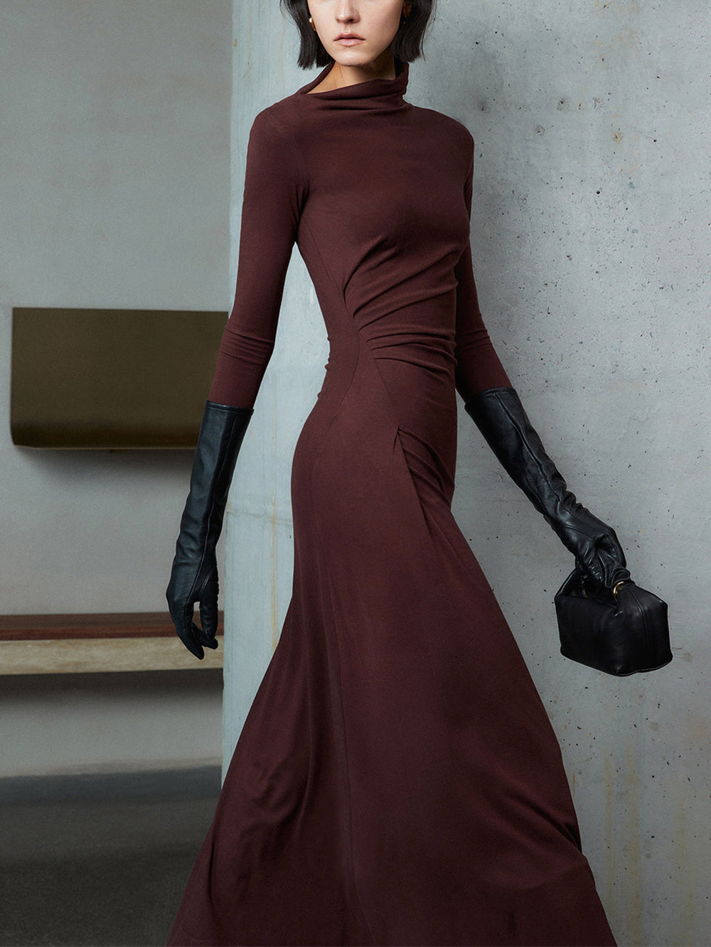 Bodycon Asymmetrical Neck Long Modern Sleeve Ruched Maxi Dress Burgundy / XS Dresses