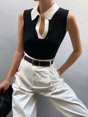 Contrast Trim Collar Trendy V neck Knit Sweater Vest Sweaters L