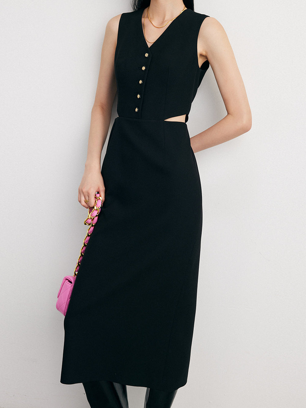 Solid Cut Out Trendy Buttoned Midi Vest Dress Dresses