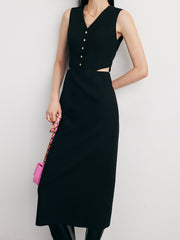 Solid Cut Out Trendy Buttoned Midi Vest Dress Dresses
