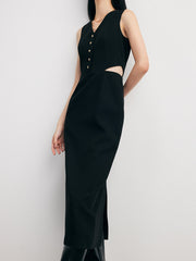 Solid Cut Out Trendy Buttoned Midi Vest Dress Black / S Dresses
