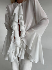 Semi sheer Chiffon Graceful Ruffled Trim Blouse Blouses