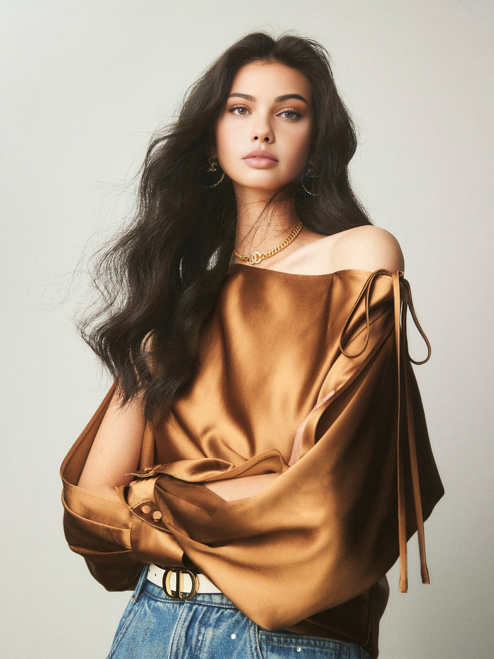 Satin Asymmetrical Cold Trendy Shoulder Tied Blouse Blouses