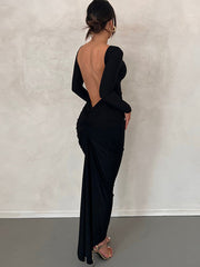Ruched Open Back Trendy Long Sleeve Maxi Dress Dresses