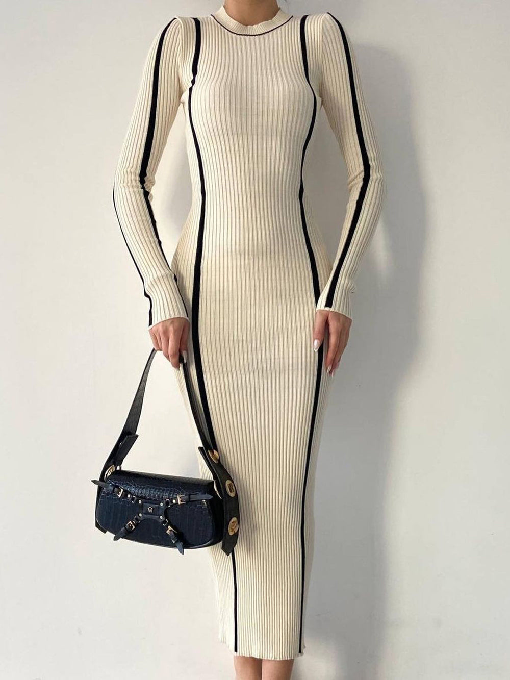 Crew Neck Contrast Trim Modern Long Sleeve Knit Midi Dress Sweaters L