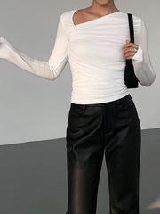 Asymmetrical Patchwork Ribbed Trendy Knit Ruched Mesh Top T Shirts
