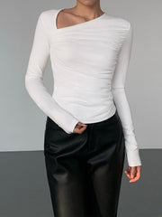 Asymmetrical Patchwork Ribbed Trendy Knit Ruched Mesh Top T Shirts