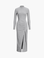 Slit Pleated Long Sleeve Modern Bodycon Mock Neck Long Dress Light Grey / XS Dresses