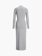 Slit Pleated Long Sleeve Modern Bodycon Mock Neck Long Dress Dresses