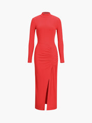 Slit Pleated Long Sleeve Modern Bodycon Mock Neck Long Dress Red / XS Dresses