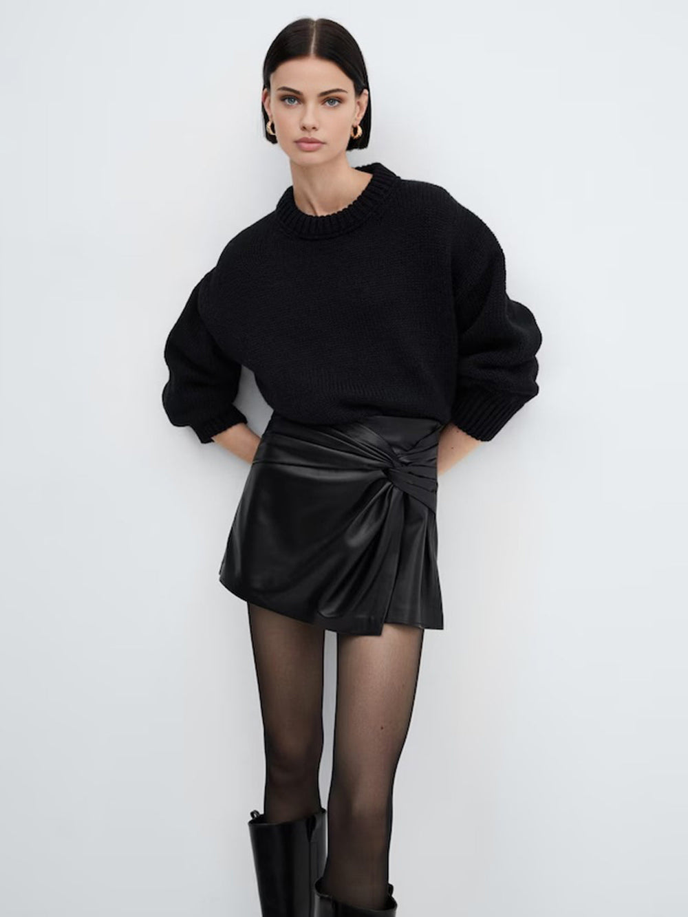 Asymmetrical Pleated Twisted Trendy Faux Leather Mini Skirt Skirts
