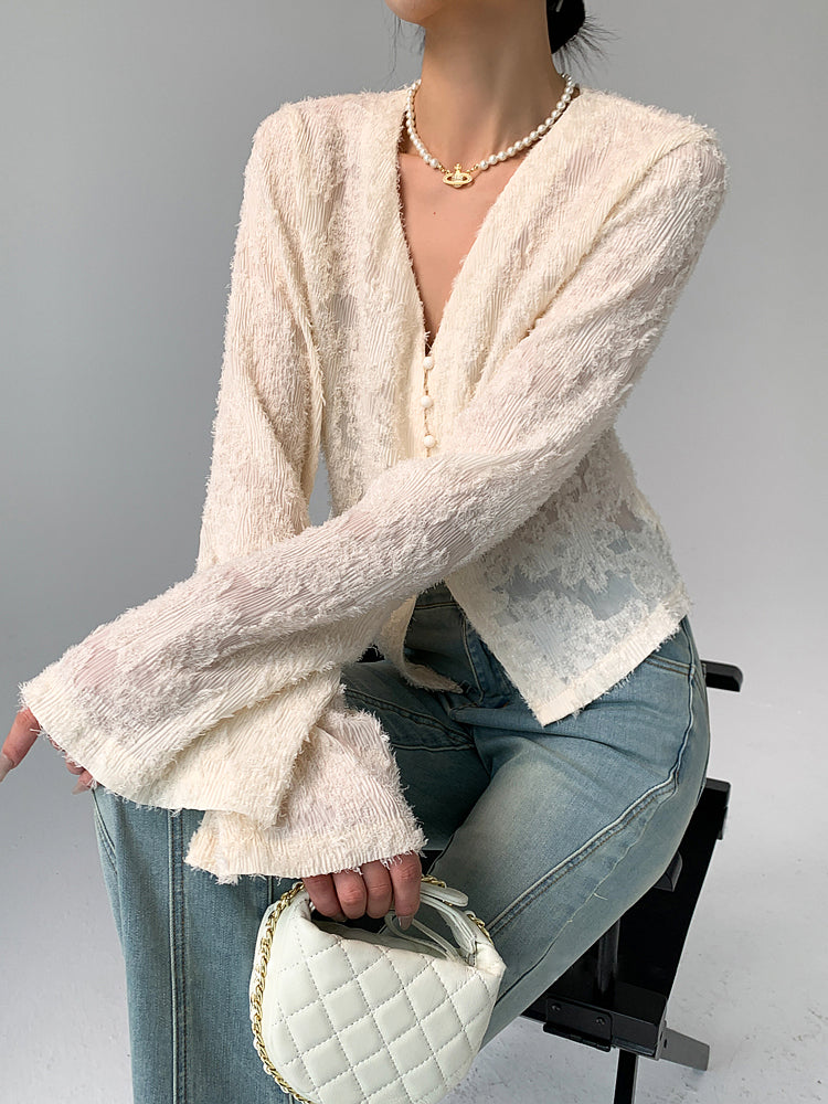 V Neck Ruffle Graceful Long Sleeve Blouse Blouses