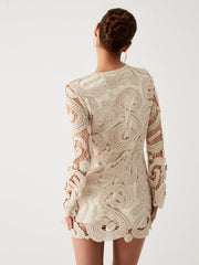 Crochet Paisley Long Trendy Sleeve Short Dress Sweaters L