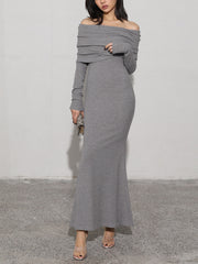 Charcoal Off Shoulder Overfold Modern Long Sleeve Long Dress Knit Dresses