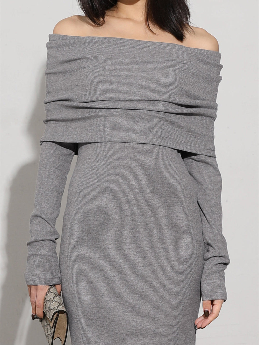 Charcoal Off Shoulder Overfold Modern Long Sleeve Long Dress Knit Dresses