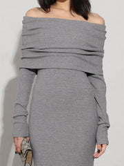 Charcoal Off Shoulder Overfold Modern Long Sleeve Long Dress Knit Dresses