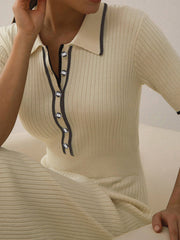 Contrast Trim Collared Rib Modern Knit Short Sleeve Midi Dress Sweaters L