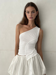 Sleeveless One Shoulder Trendy Ruched Plain Top Tank Tops & Camis