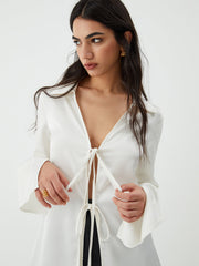 Tie Up V Neck Trendy Long Sleeve Blouse Blouses