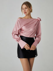 Romantic Satin Rosette Trendy Long Sleeve Blouse Blouses