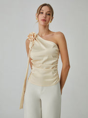Rosette One Shoulder Trendy Off Tank Top Champagne / XS Tank Tops & Camis
