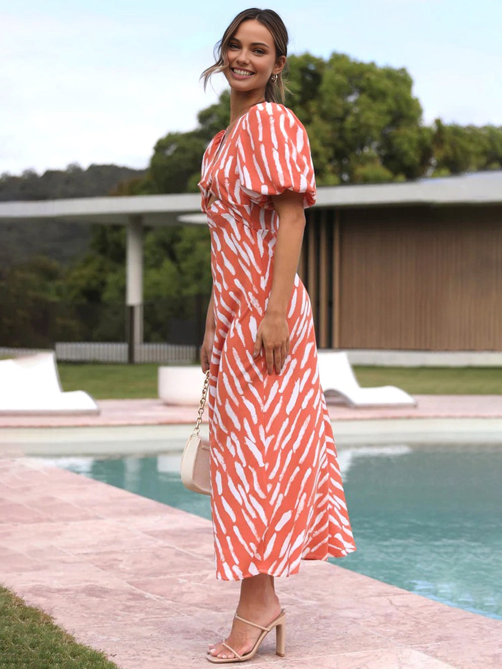 Stripe Pattern Graceful Cutout Long Dress Dresses
