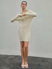 Strip Eyelet Texture Trendy Sweater Short Dress Sweaters L