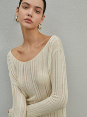 Strip Eyelet Texture Trendy Sweater Short Dress Sweaters L