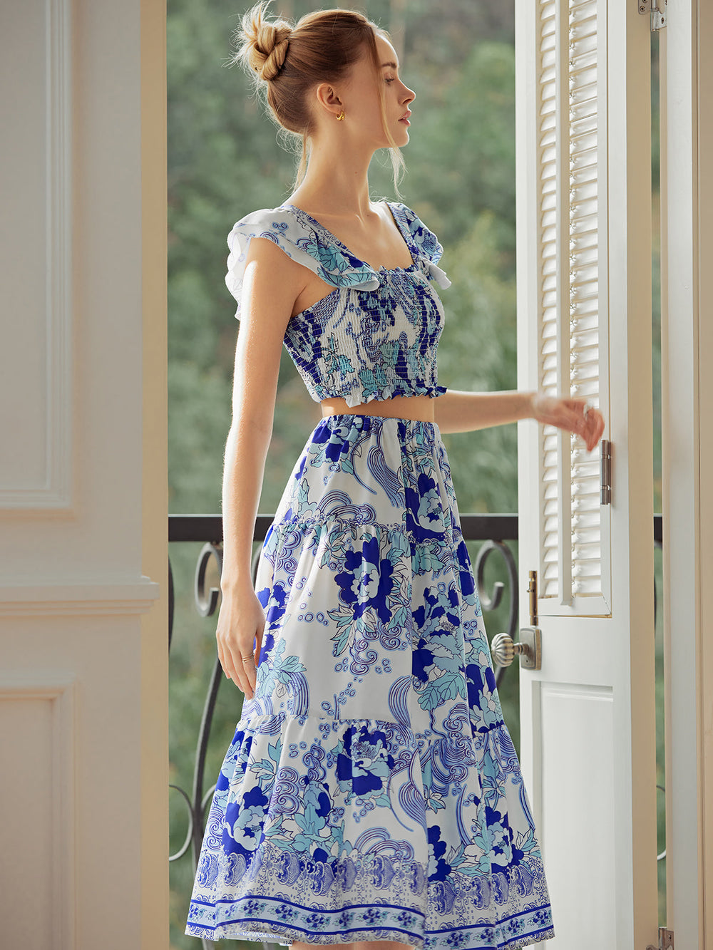 Shirred Floral Graceful Print Skirt Set Skirt Sets