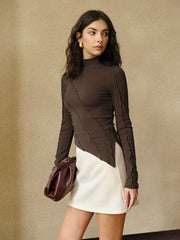 Asymmetrical Lettuce Trim Skinny Top Dark Brown / XS T Shirts