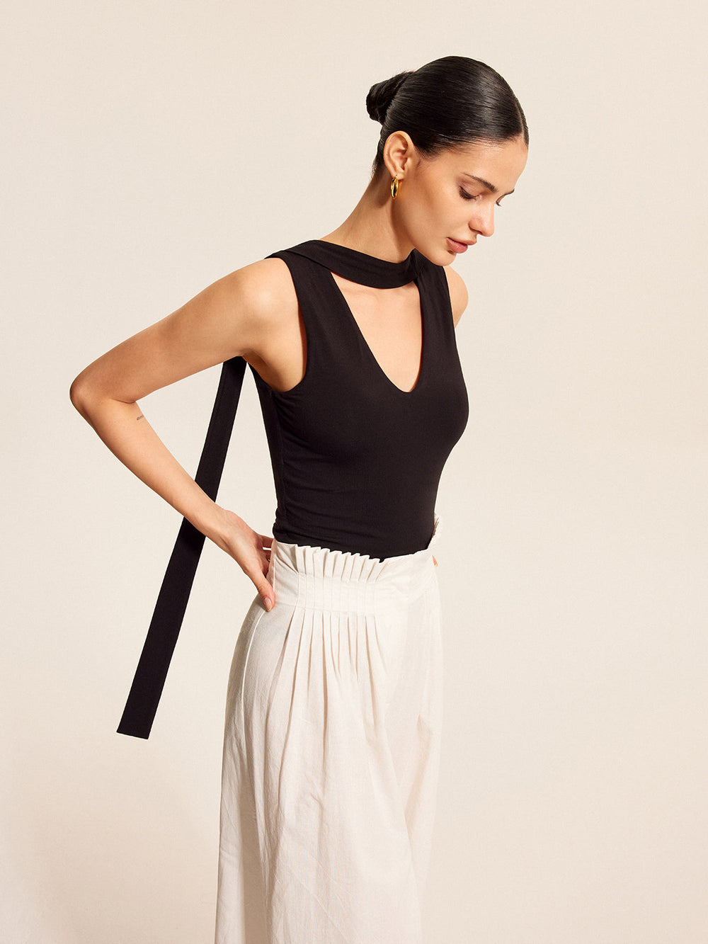 V Neck Top With Scarf Style Neck Tie Black / XS Tank Tops & Camis