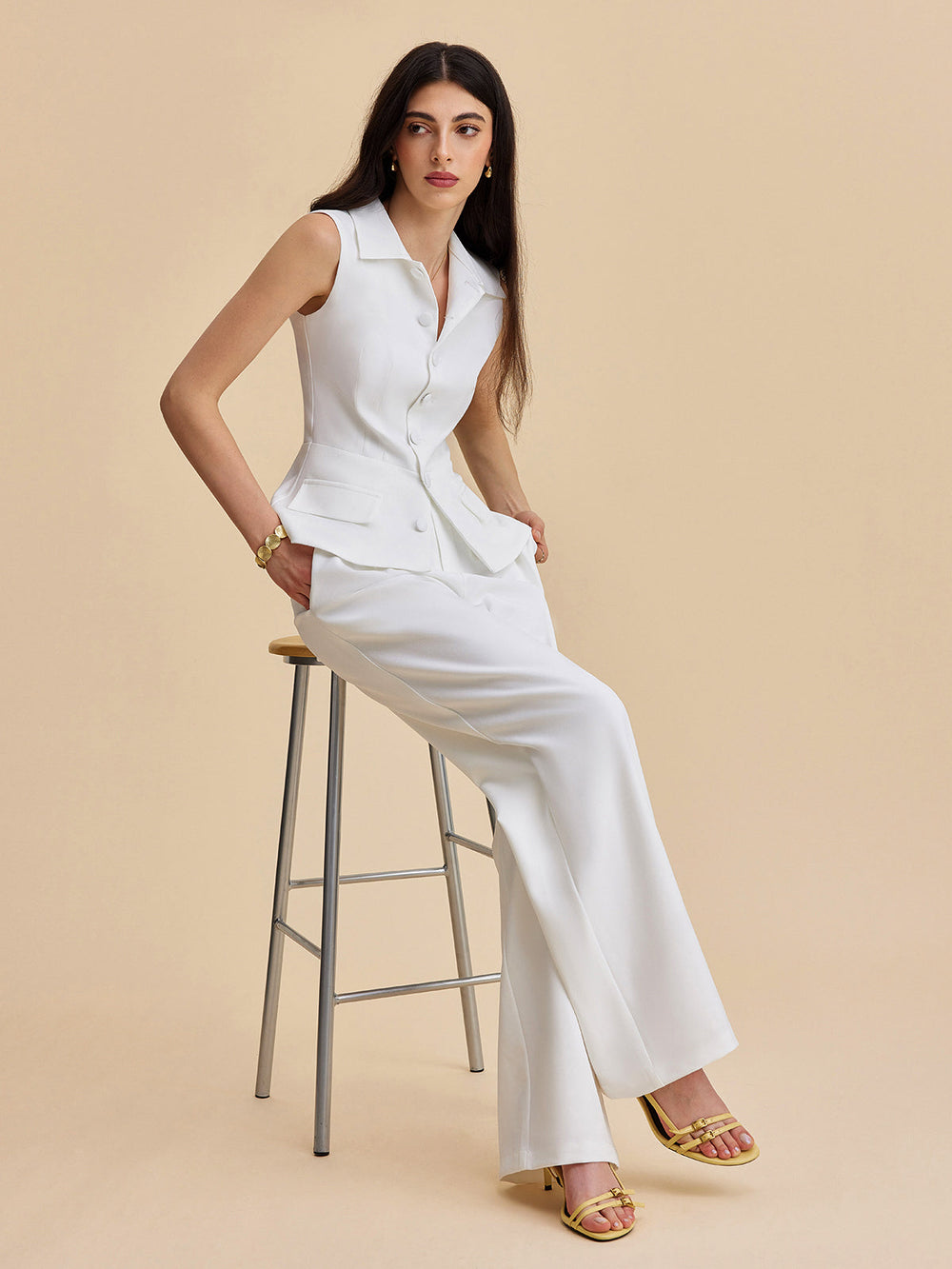 Pockets Buttoned Sleeveless Pants Set Pant Sets