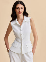 Pockets Buttoned Sleeveless Pants Set Pant Sets