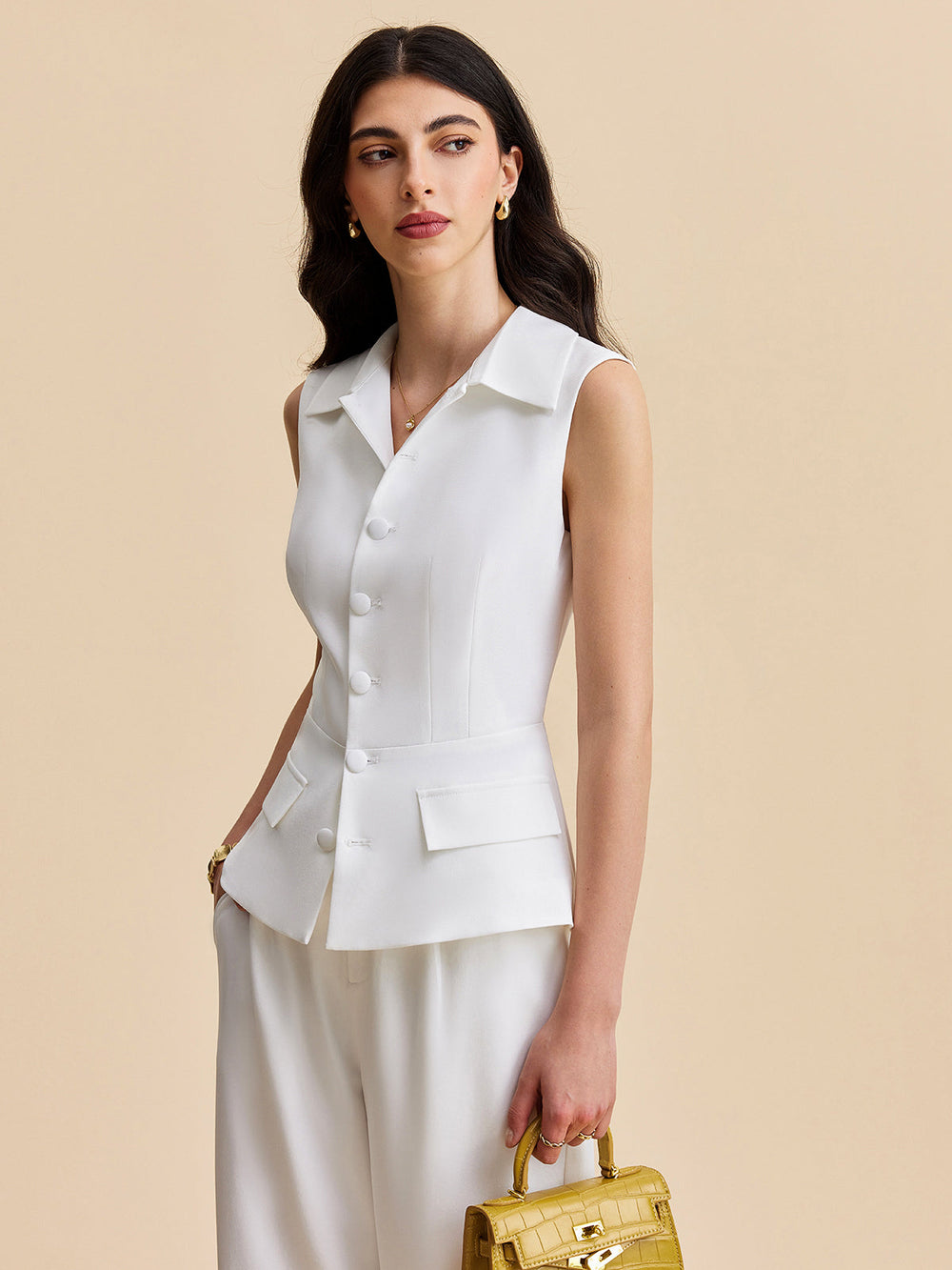 Pockets Buttoned Sleeveless Pants Set Pant Sets