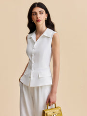 Pockets Buttoned Sleeveless Pants Set Pant Sets