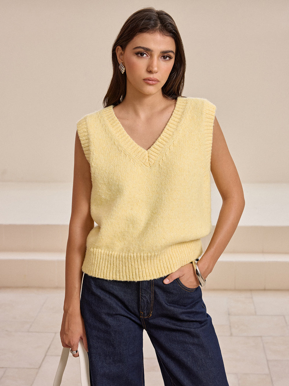 V Neck Wool Blend Knitted Vest Sweater Vests