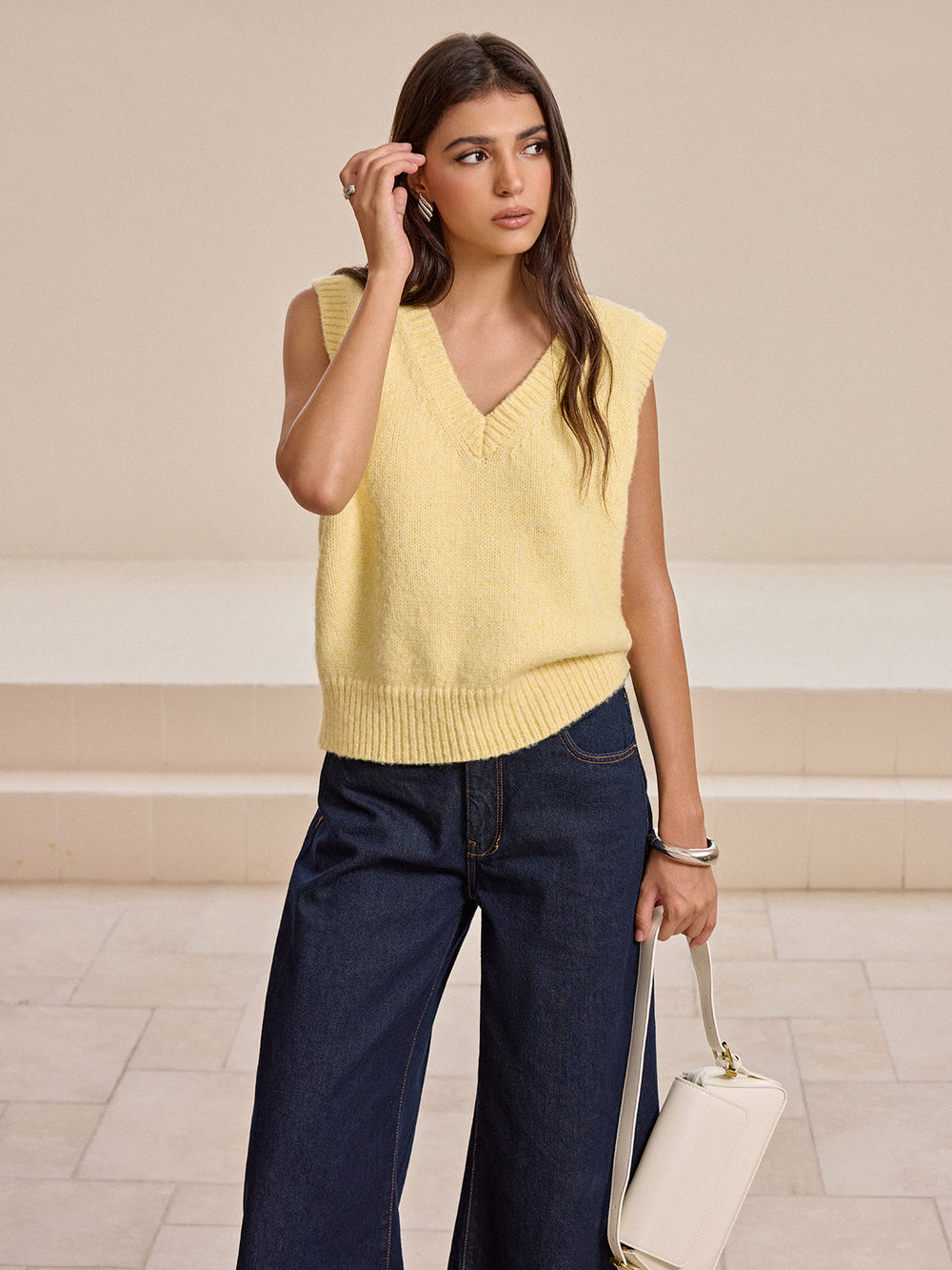 V Neck Wool Blend Knitted Vest Sweater Vests