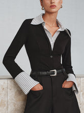 Mock Two Piece Long Sleeve Two Tone Polo Top Black / XS Blouses